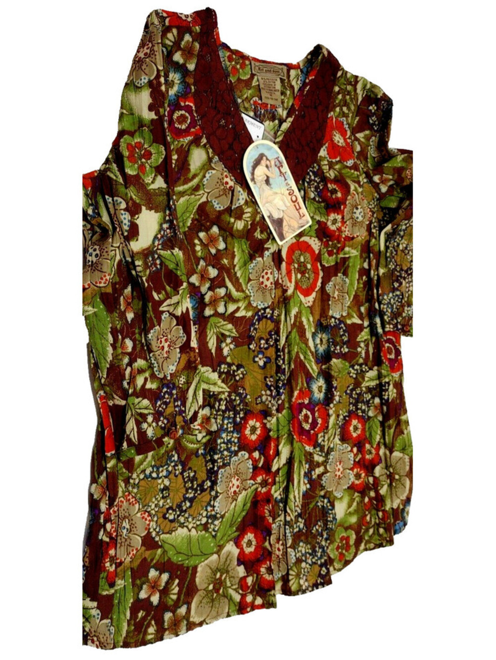 NEW XL Brown Top Bohemian Floral Art Nouveau Style Blouse XL 3/4 Sleeves W Tags